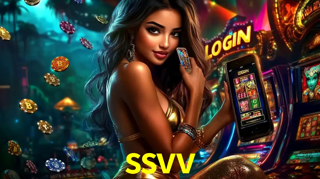 Mulher em um cenário de cassino temático de aventura, mostrando o app de caça-níqueis da ssvv no celular. Fichas de apostas flutuam ao redor.