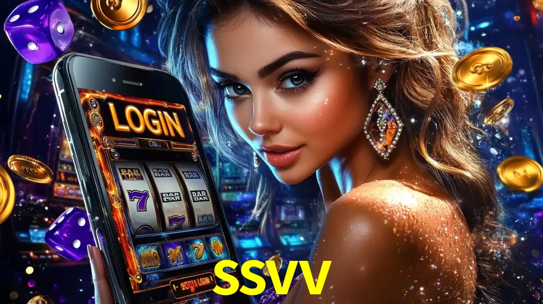 Mulher glamorosa segurando um smartphone com a tela de login para os jogos de caça-níqueis do cassino online ssvv, com moedas de ouro e dados ao redor.