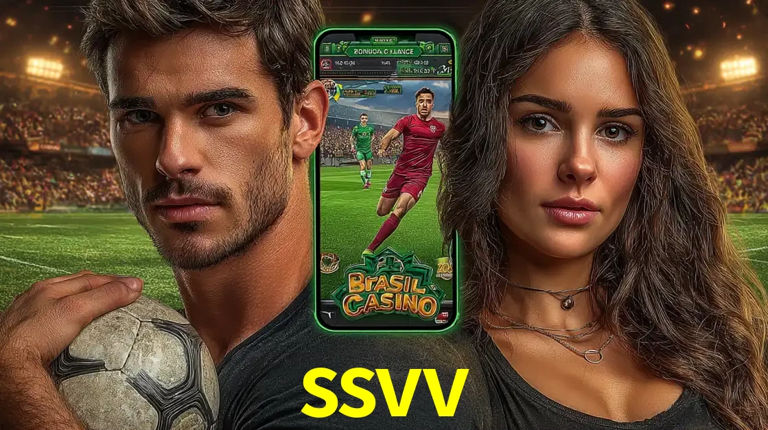 Homem segurando uma bola de futebol e uma mulher ao lado de um smartphone exibindo o jogo de apostas esportivas da ssvv. Faça seu palpite no cassino online.